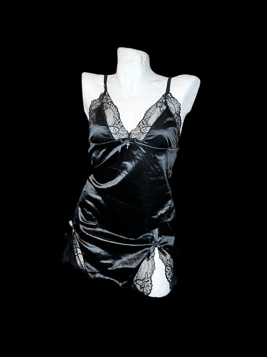 Black Satin Lace Slip Dress #9779