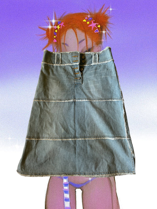 Light Denim Patchwork Cotton Skirt S-M #3506