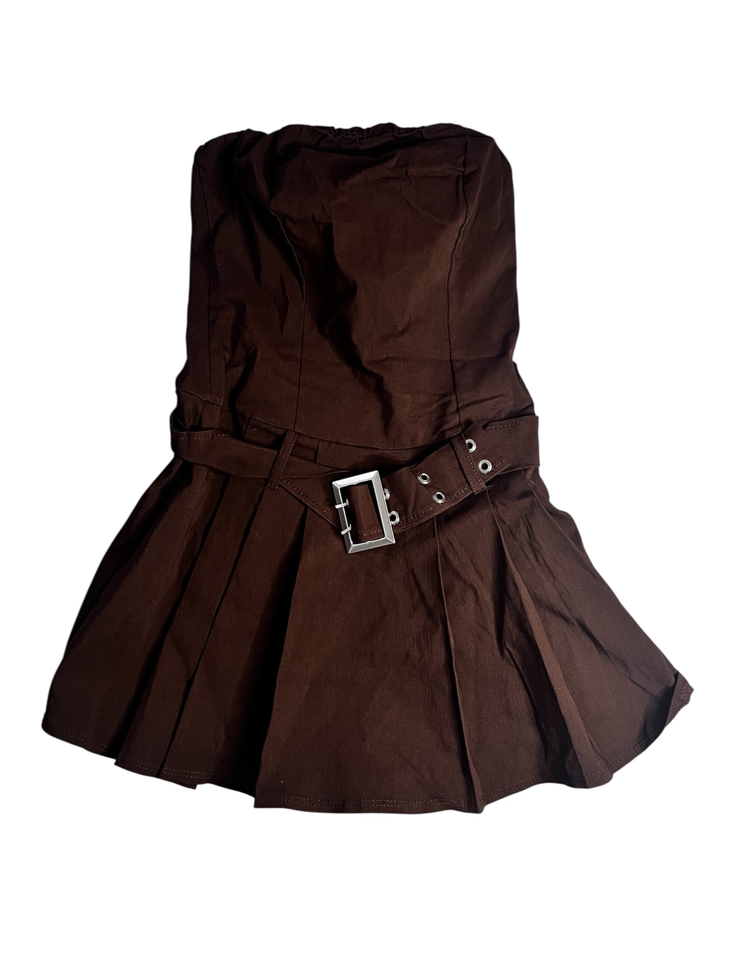 Brown Pleated Tube Dress with Belt #9211