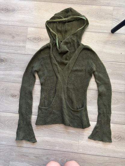 2000s Olive Green Mohair-Blend Hooded Sweater #13259