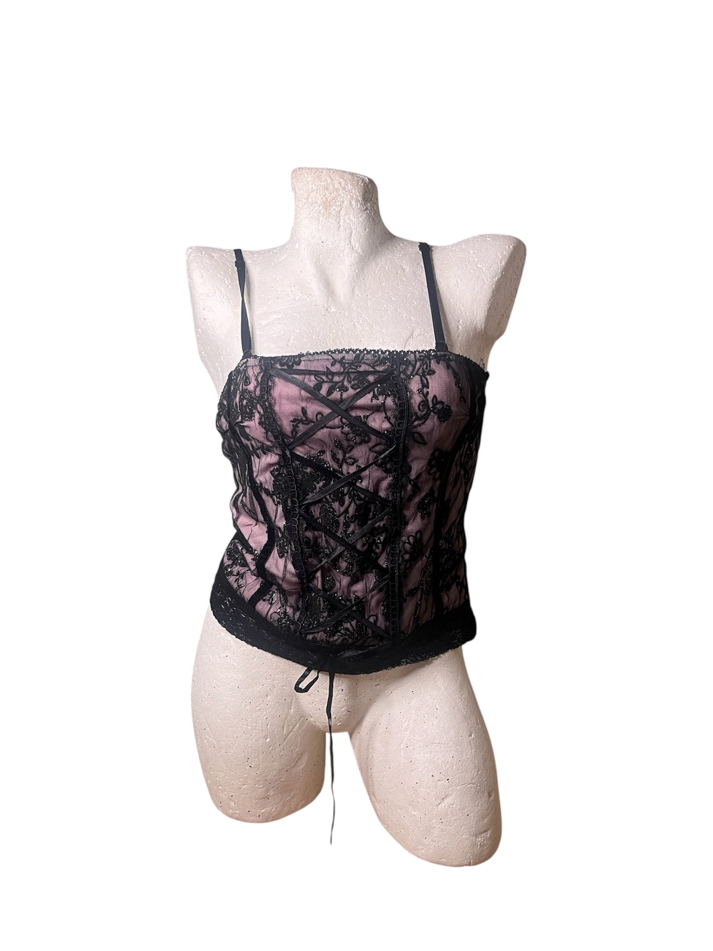 Black & Dusty Rose Lace Corset Top with Lace-Up Detail #11606