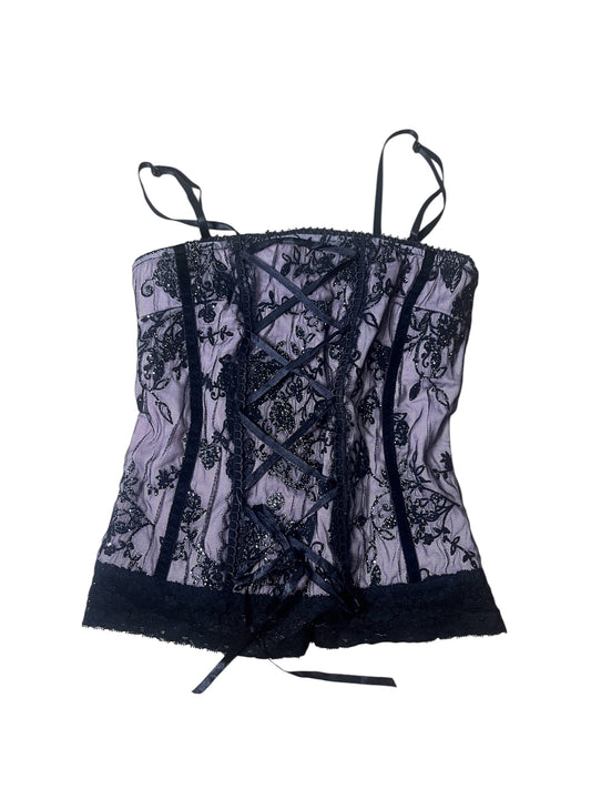 Black & Dusty Rose Lace Corset Top with Lace-Up Detail #11606