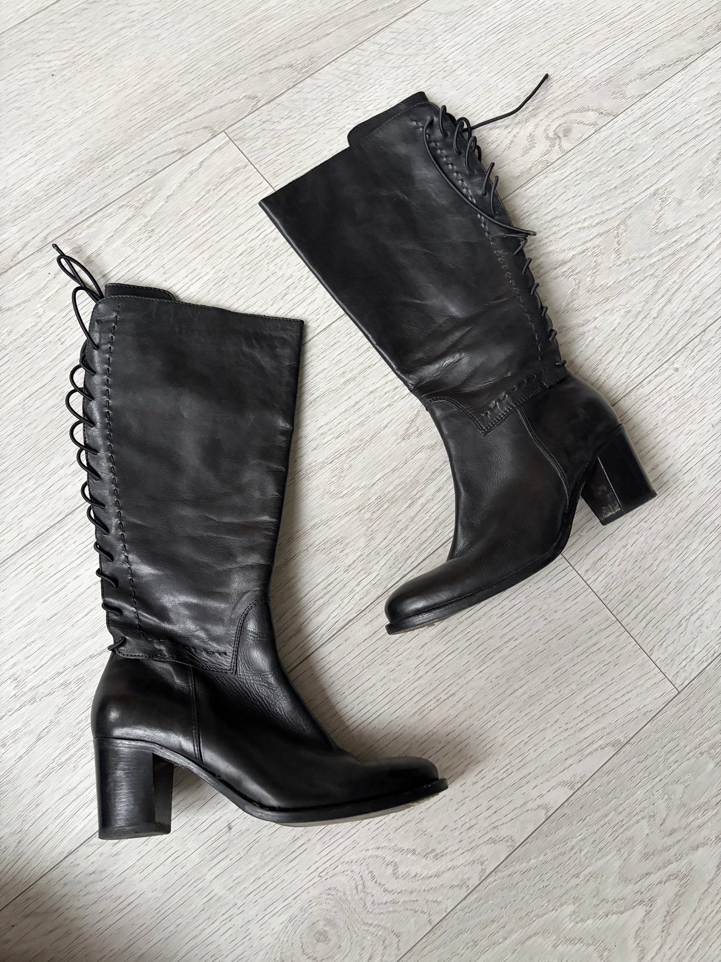 Lace-Up Leather Knee-High Boots #13183