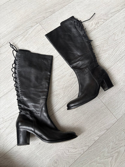 Lace-Up Leather Knee-High Boots #13183