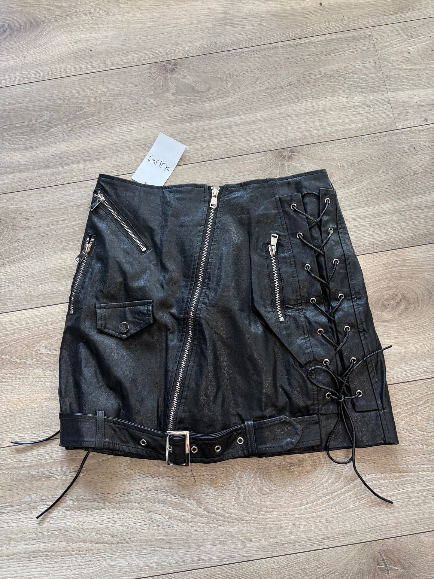 Black Faux Leather Lace-Up Biker Mini Skirt #11036