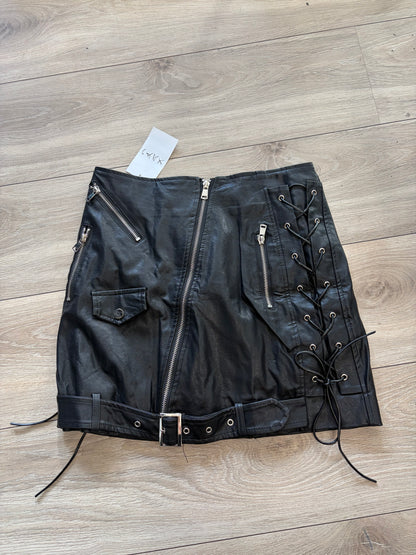 Black Faux Leather Lace-Up Biker Mini Skirt #11036