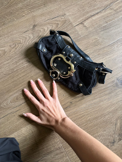 Guess Black Monogram Baguette Bag with Gold Buckle #13559