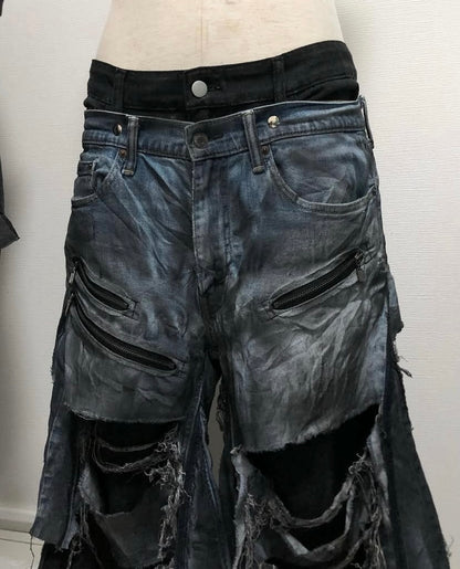 MM.Option layered damage black denim pants #7598