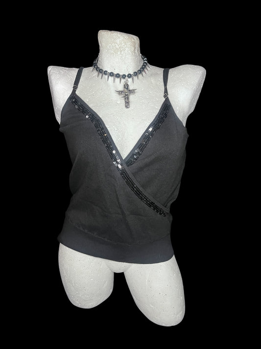 Y2K Black Sequin Trim Cami Top #9743