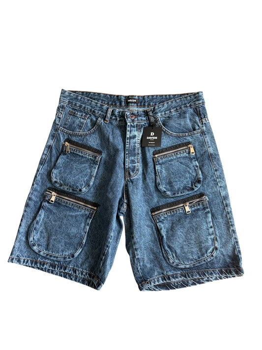 Davide Homme Multi-Zip Acid-Wash Denim Shorts #13241