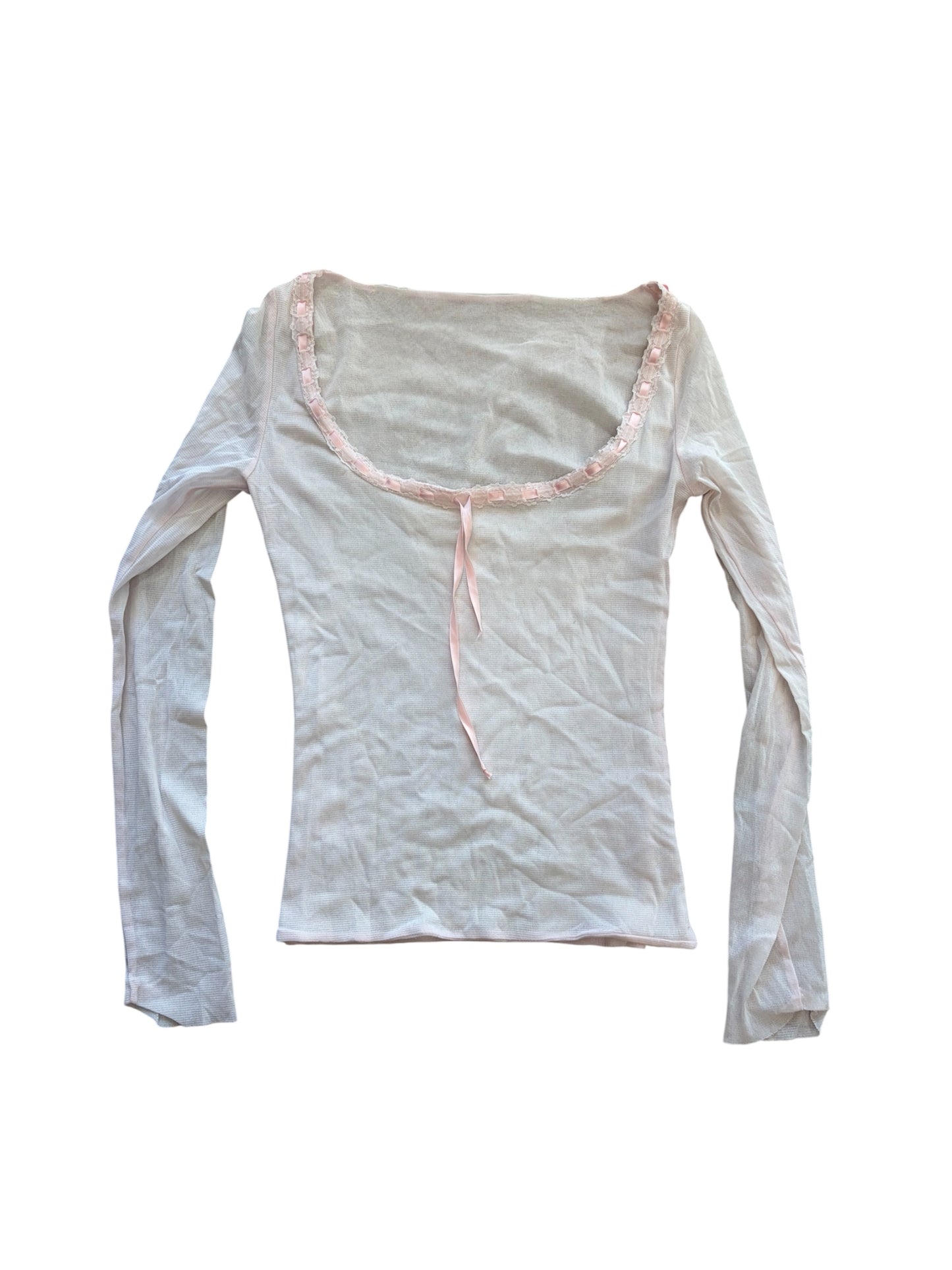 2000s White Mesh Ribbon-Trim Top #13268