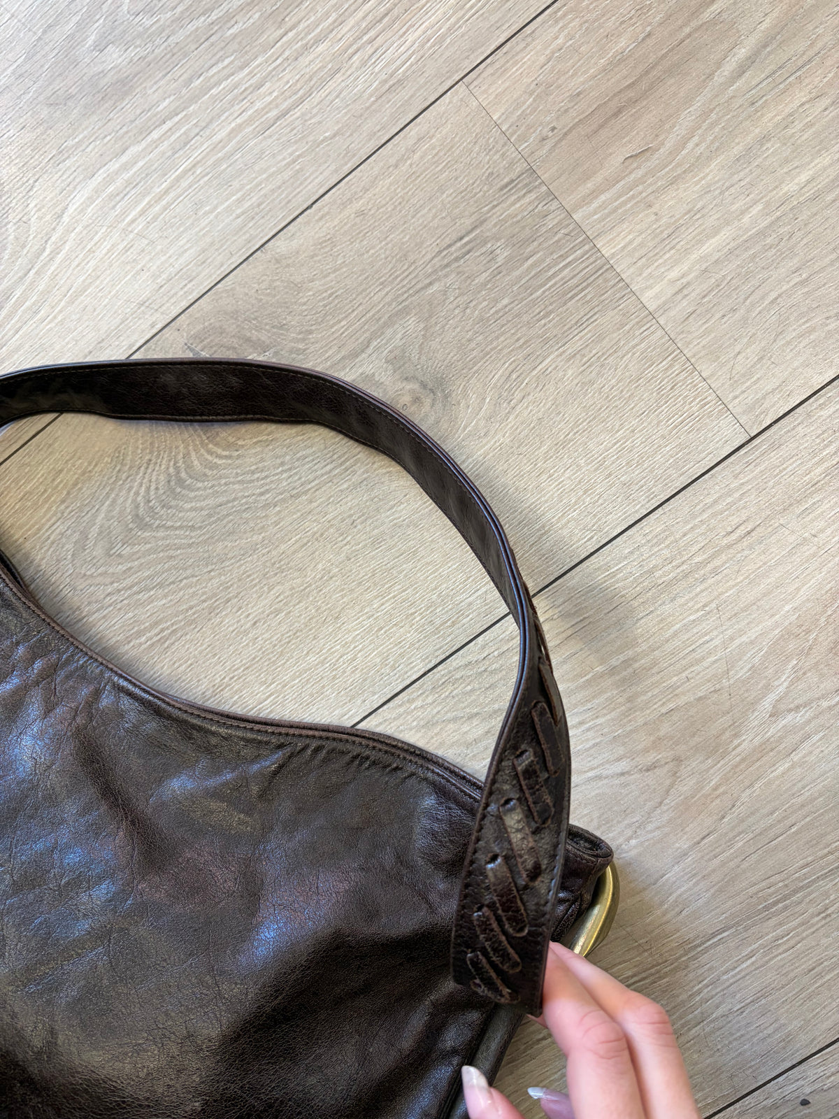 Dark Brown Shoulder Bag with Brass Hardware #13627