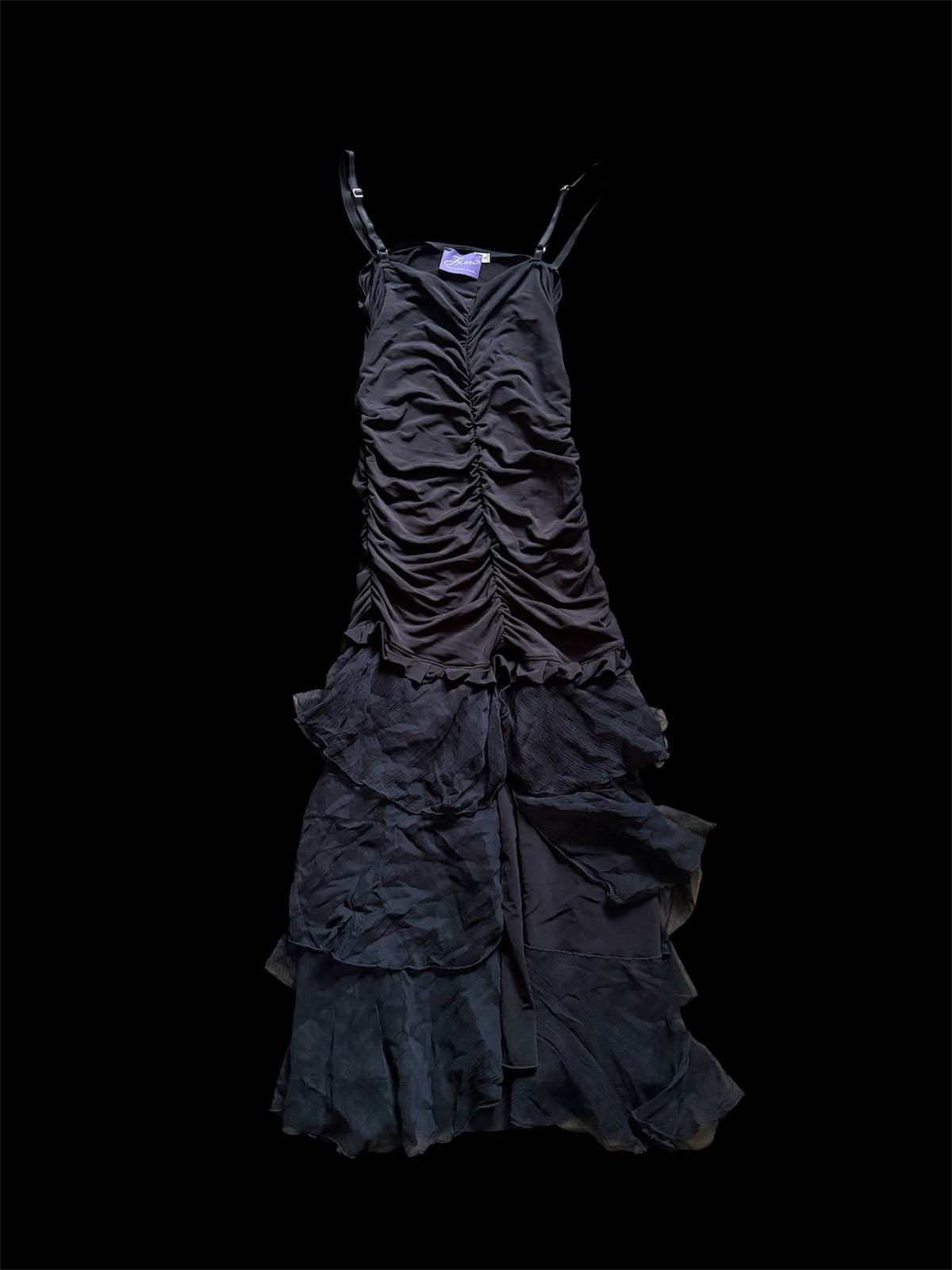 Black Ruched Maxi Dress with Tiered Ruffle Skirt #13550