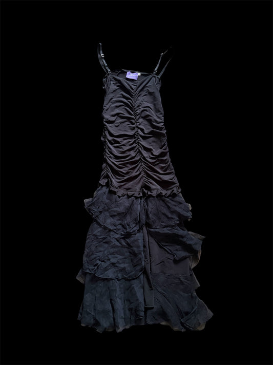 Black Ruched Maxi Dress with Tiered Ruffle Skirt #13550