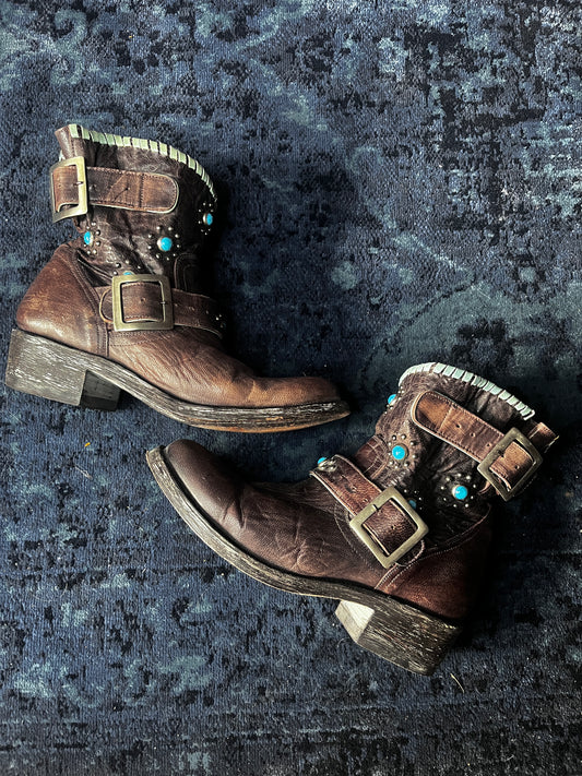Vintage Mexicana Studded Leather Boots with Turquoise Stones (Size 37) #9794
