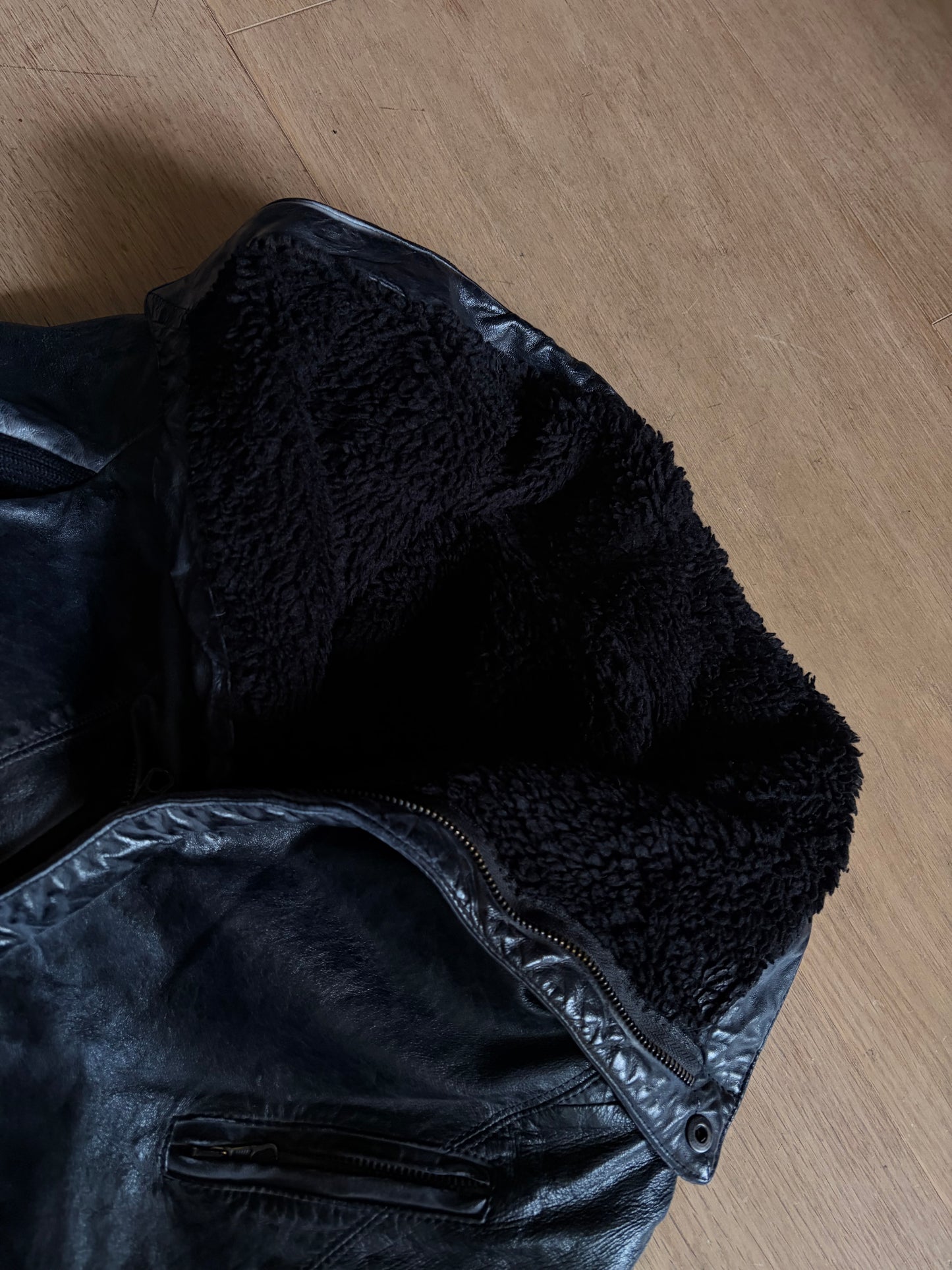 Black Asymmetric Leather-Look Aviator Jacket