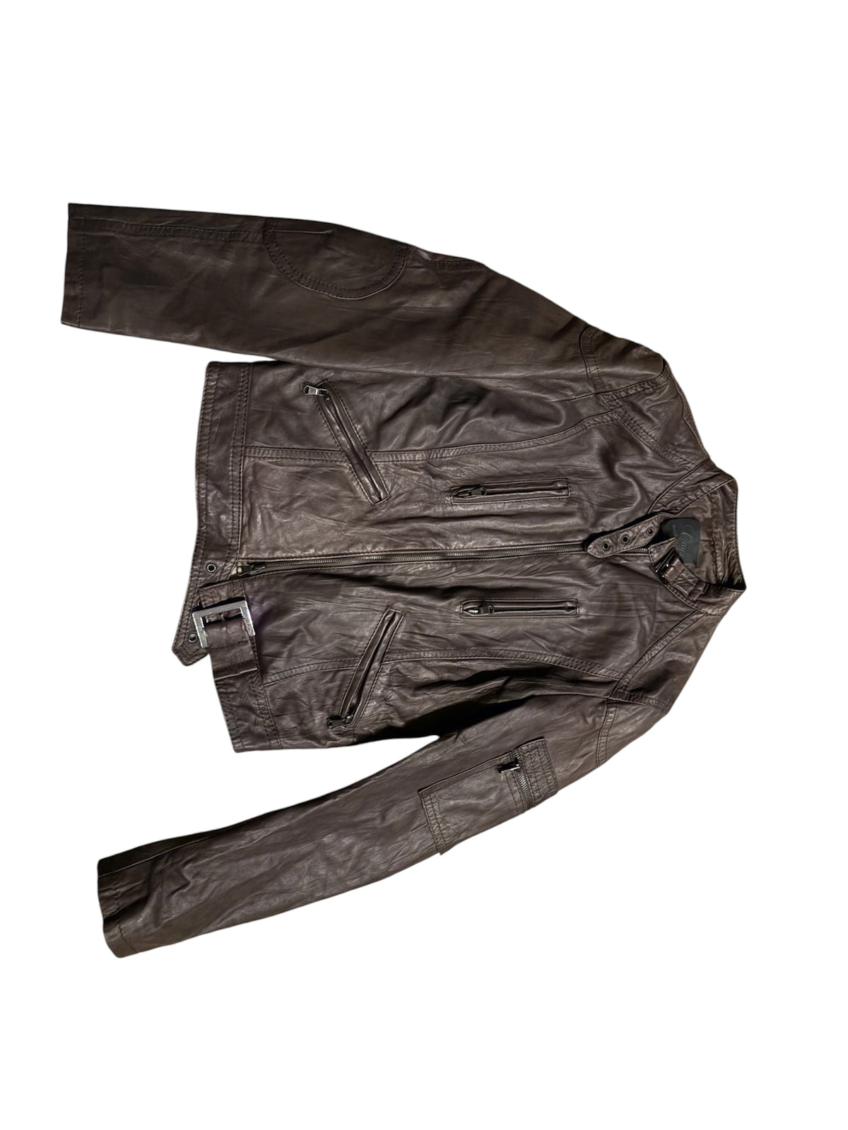 Onyx Brown Leather Belted Biker Jacket #13581