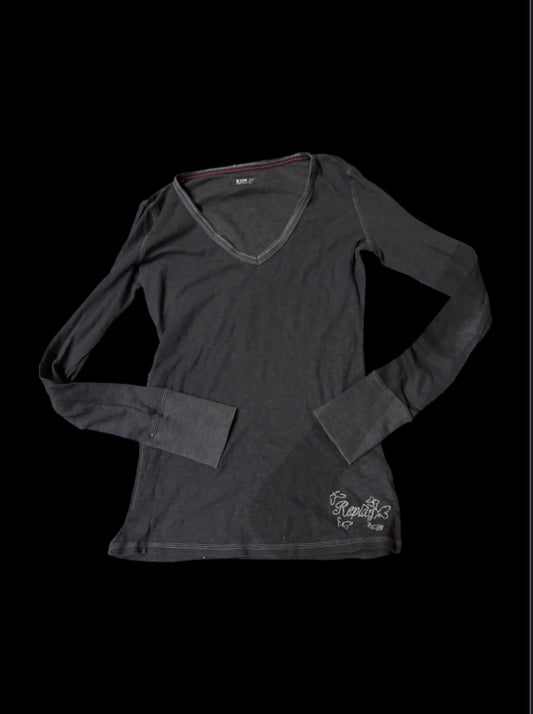 Replay Charcoal V-Neck Long Sleeve Top #13606