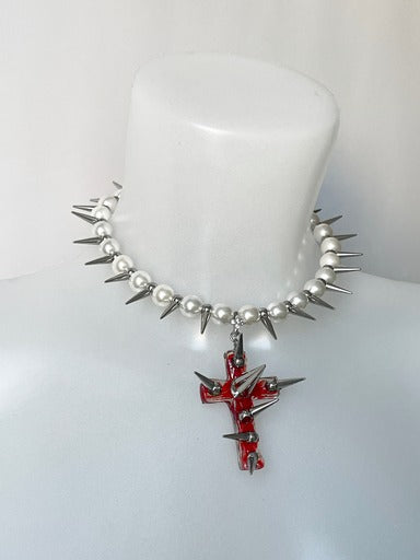 Spiked-red-cross pearls necklace 666999 #2990
