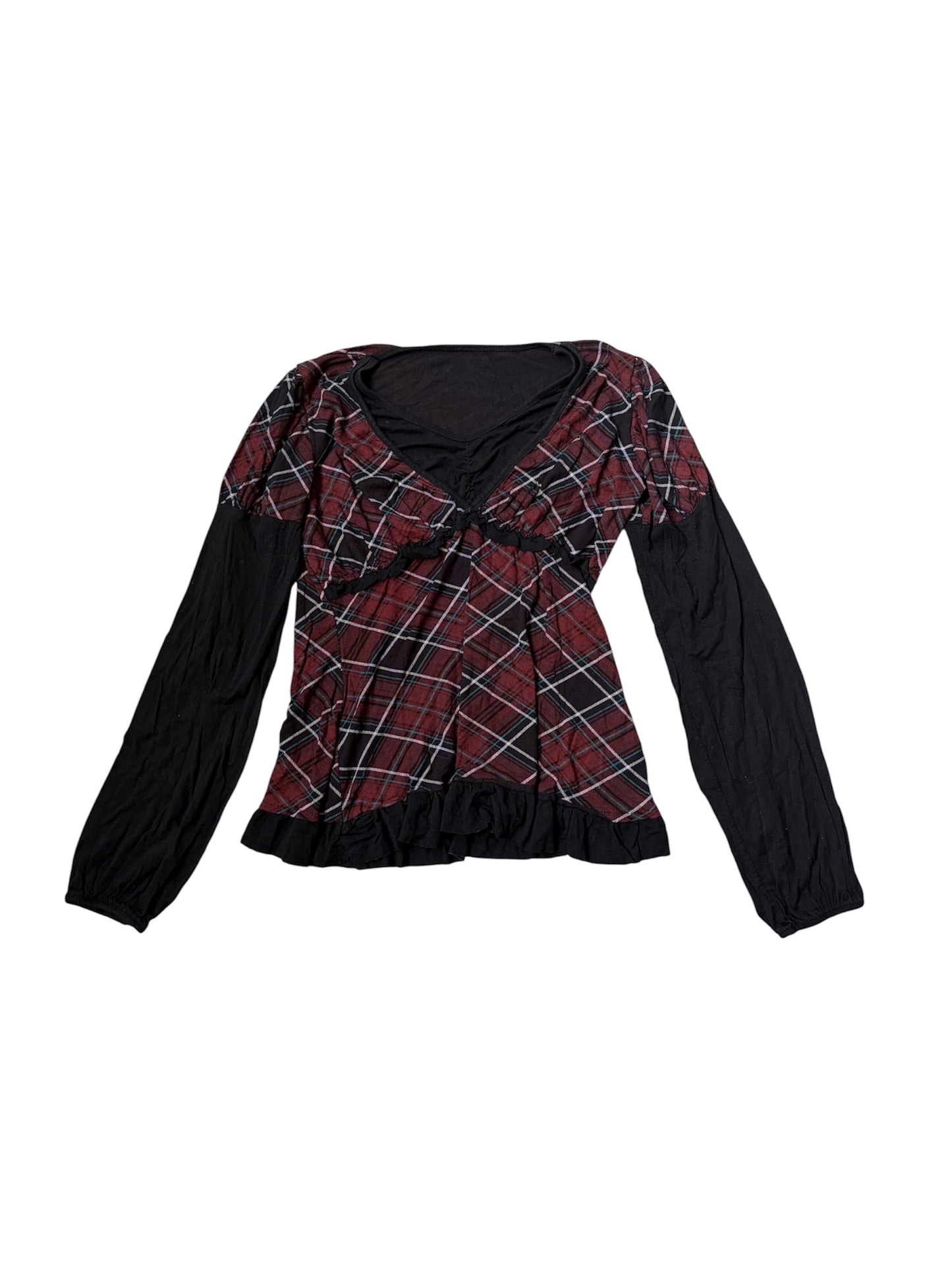 Y2K Plaid Ruffle Long-Sleeve Top #13220