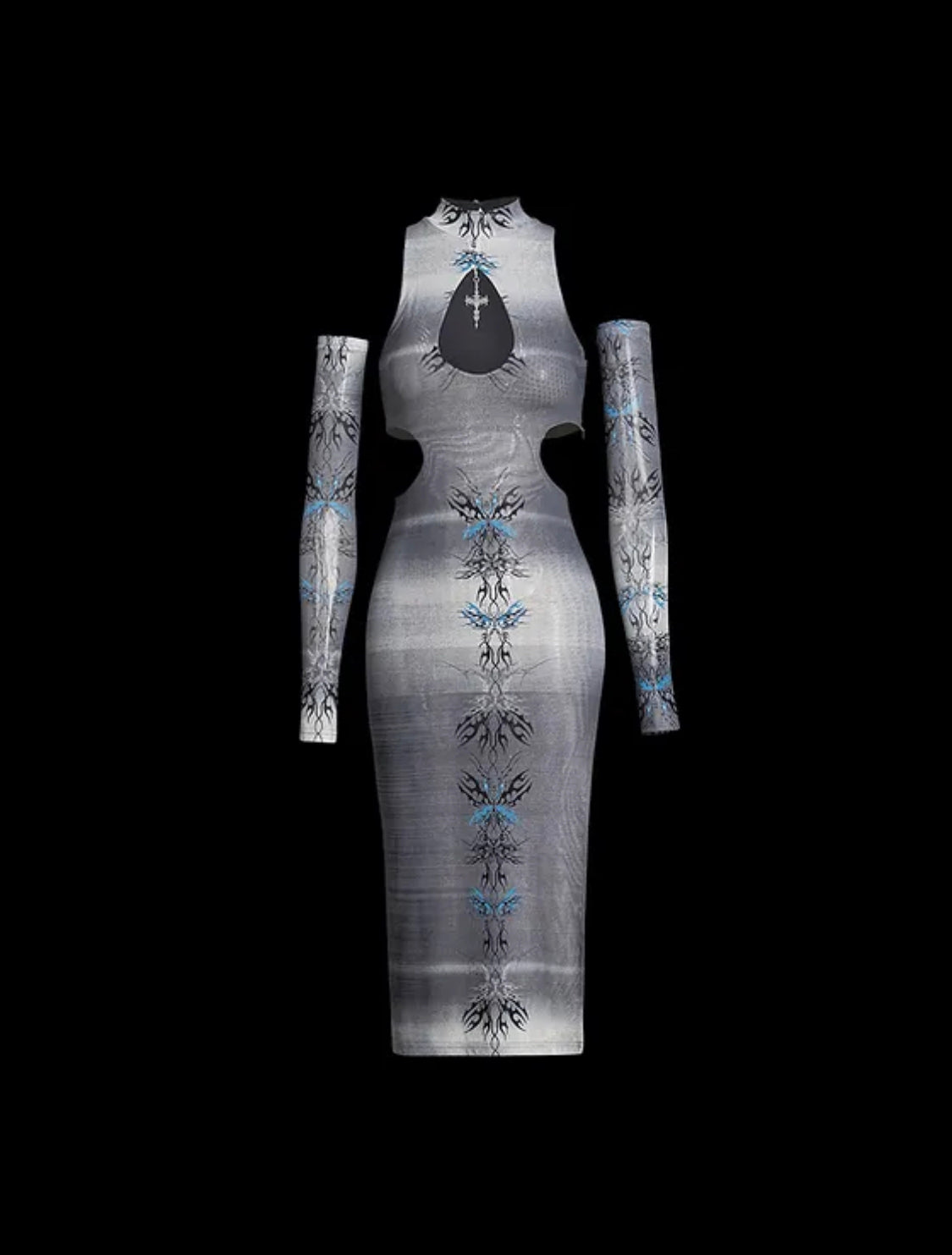 666999 Cyber sigils-printed stretch-mesh side spilt dress 2577