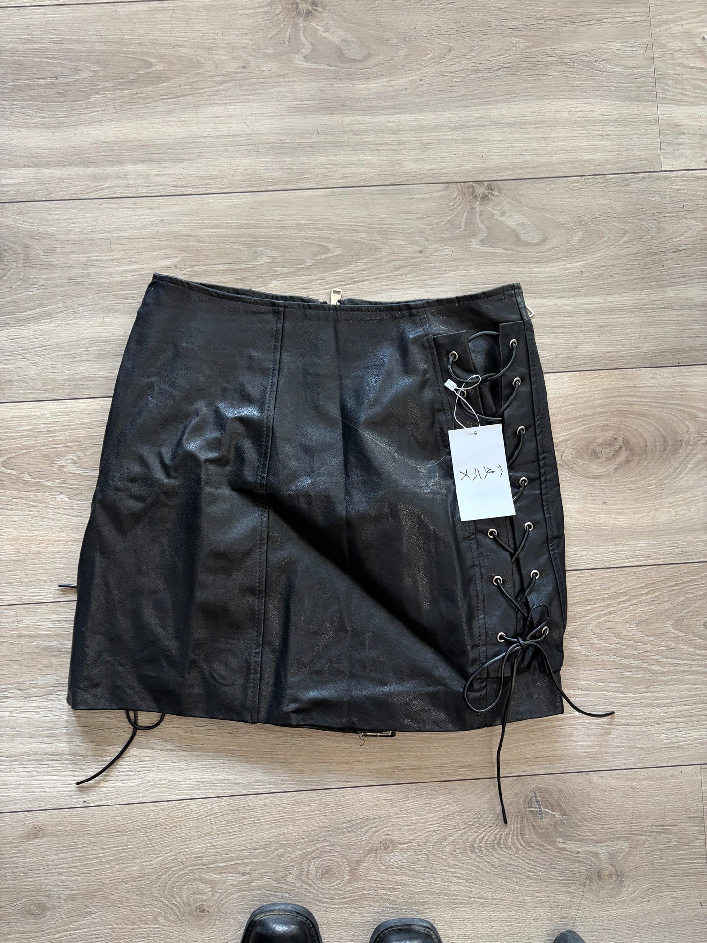 Black Faux Leather Lace-Up Biker Mini Skirt #11036