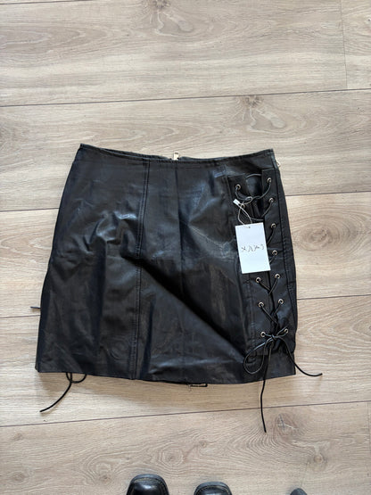 Black Faux Leather Lace-Up Biker Mini Skirt #11036