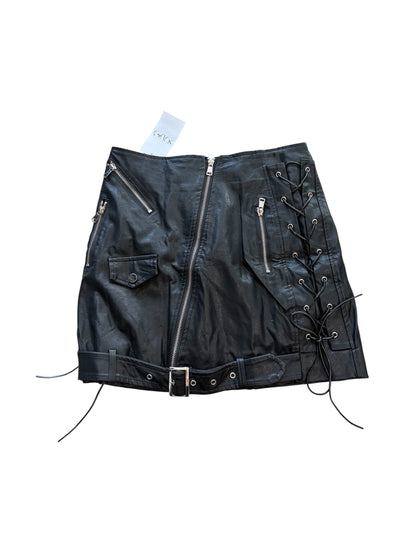 Black Faux Leather Lace-Up Biker Mini Skirt #11036