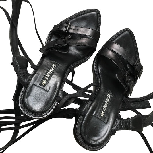 Ann Demeulemeester Black Leather Strappy Buckle Sandals #9603