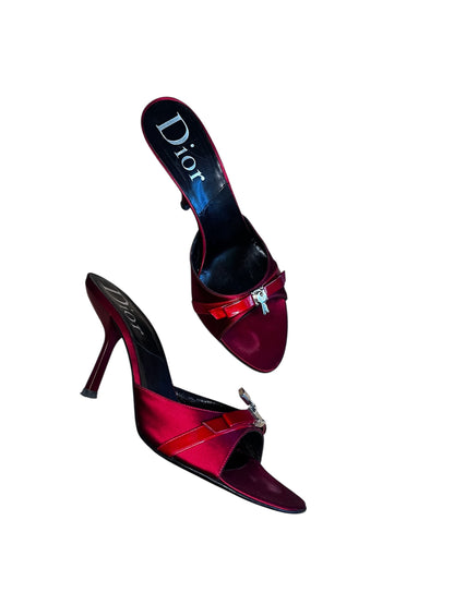 Christian Dior Red Satin Mule Heels with Lock Detail – Size 38.5 #9615