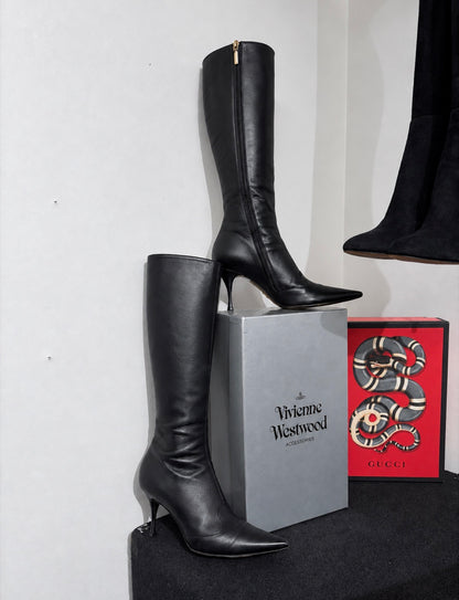Dolce & Gabbana Black Leather Knee-High Boots – Leopard Lining – EU 38