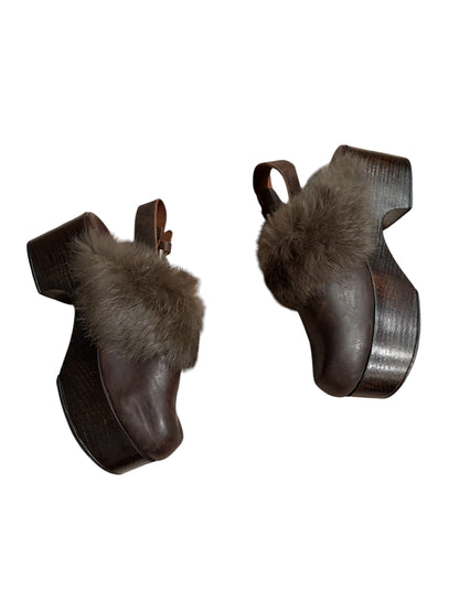 Arsea Brown Platform Clogs with Real Fur Trim #13576
