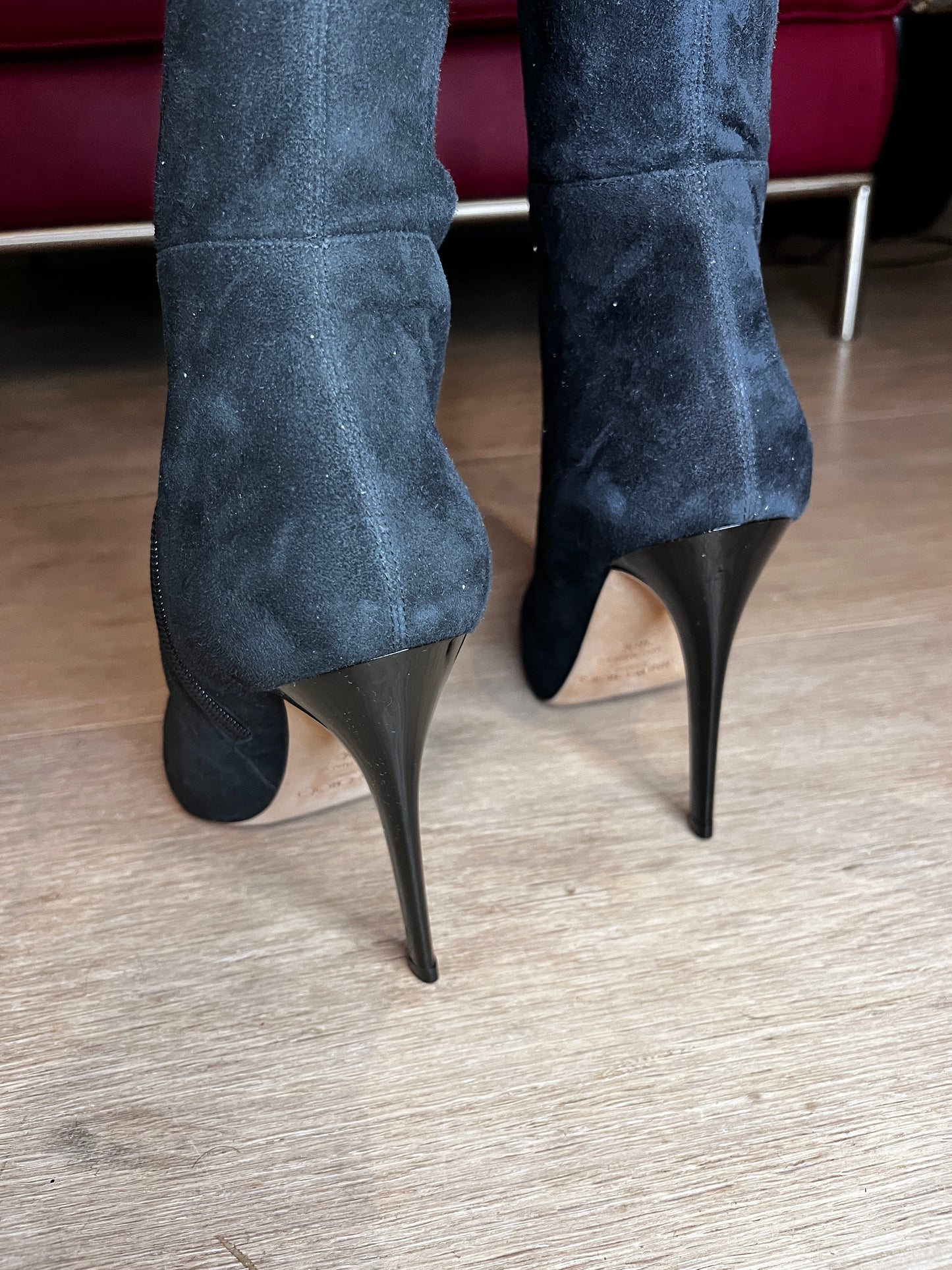 Jimmy Choo Black Suede Knee-High Stiletto Boots – Size 38.5 #9624