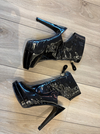 Stuart Weitzman Black Patent Peep-Toe Ankle Boots #13632