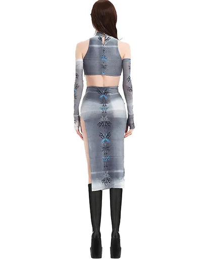666999 Cyber sigils-printed stretch-mesh side spilt dress 2577