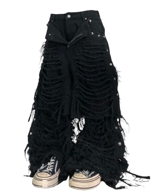 MM.option half docking damage black denim pants

 #7597