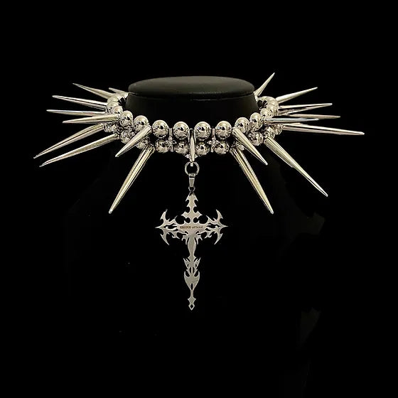 “Silver-Rock”spikes cross choker 666999 #2992