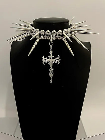 “Silver-Rock”spikes cross choker 666999 #2992