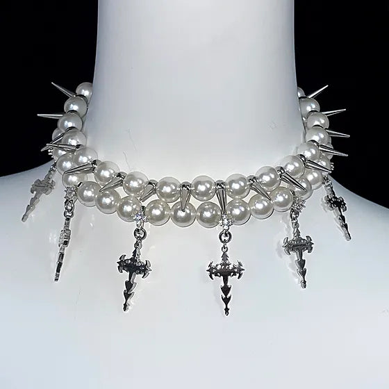 Mini cross spiked double pearls necklace 666999 #2986