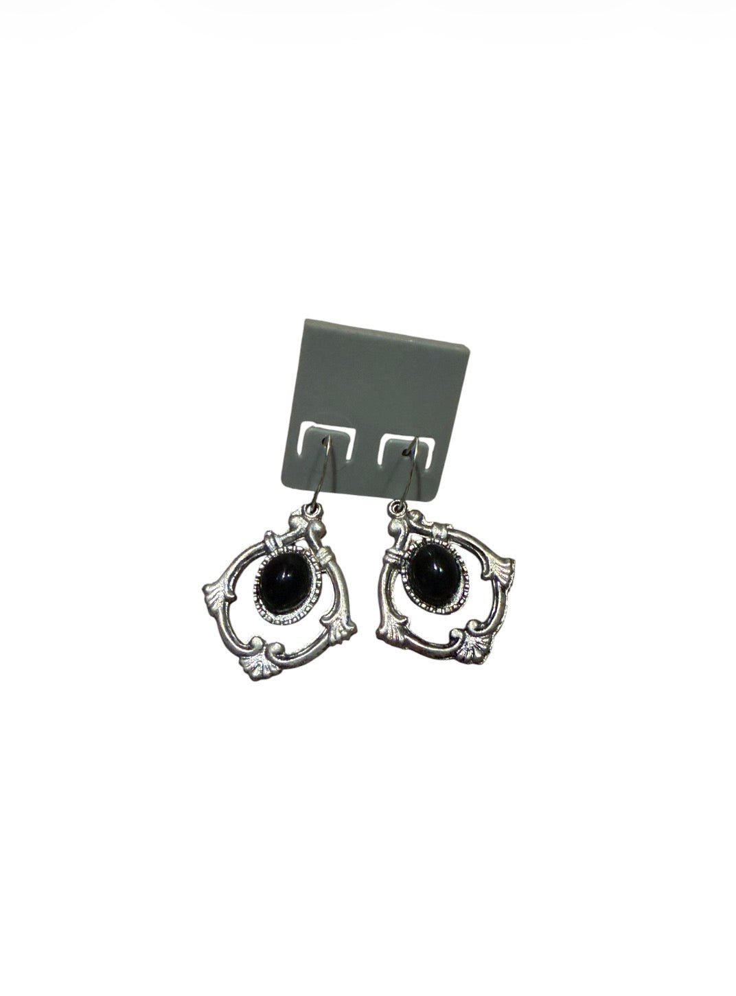 Silver-Tone Black Stone Drop Earrings #13797
