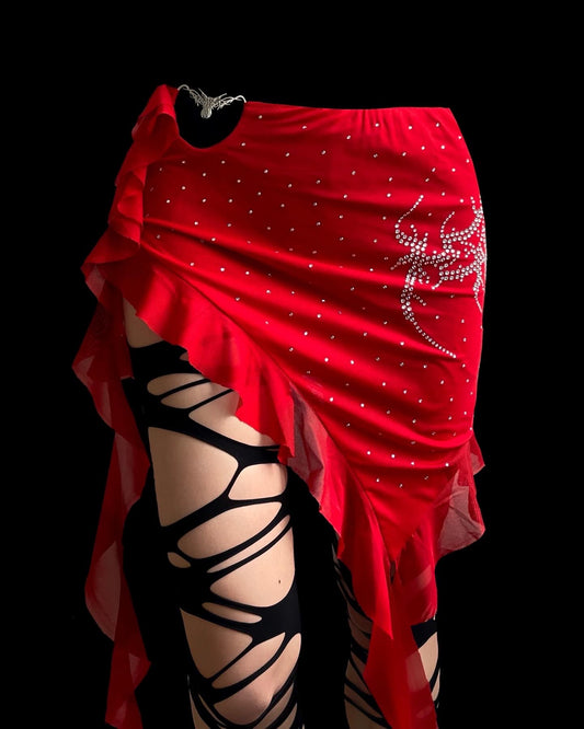 “HEAVY METAL”Metal logo-Shining Ruffled fringe Red skirt & Tube top #5010