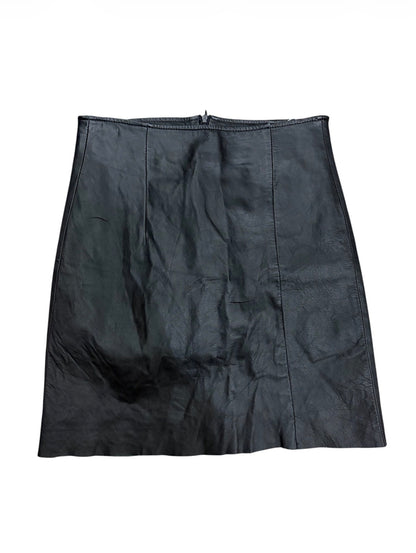 Black leather mini skirt repair detail