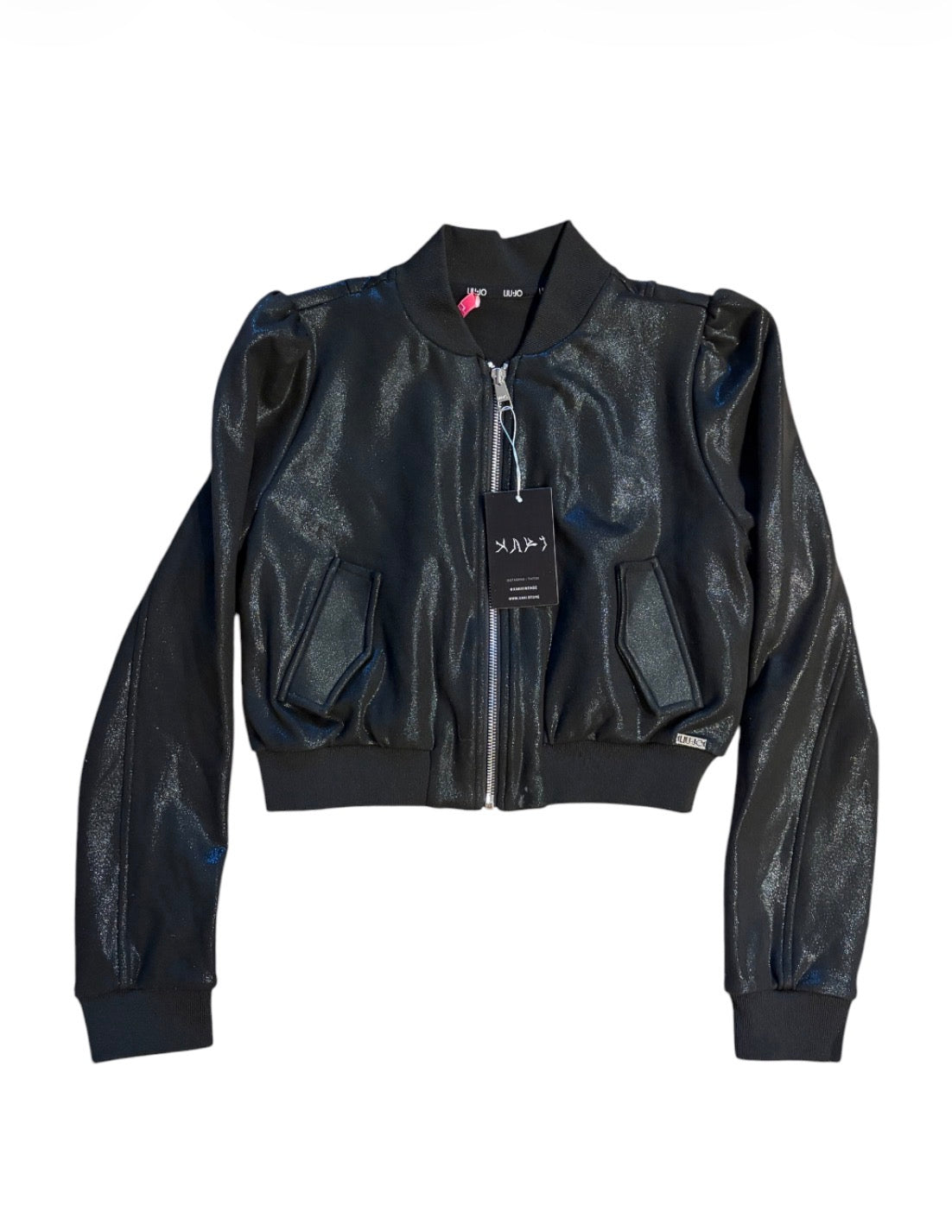 Liu Jo black shimmer cropped bomber jacket front