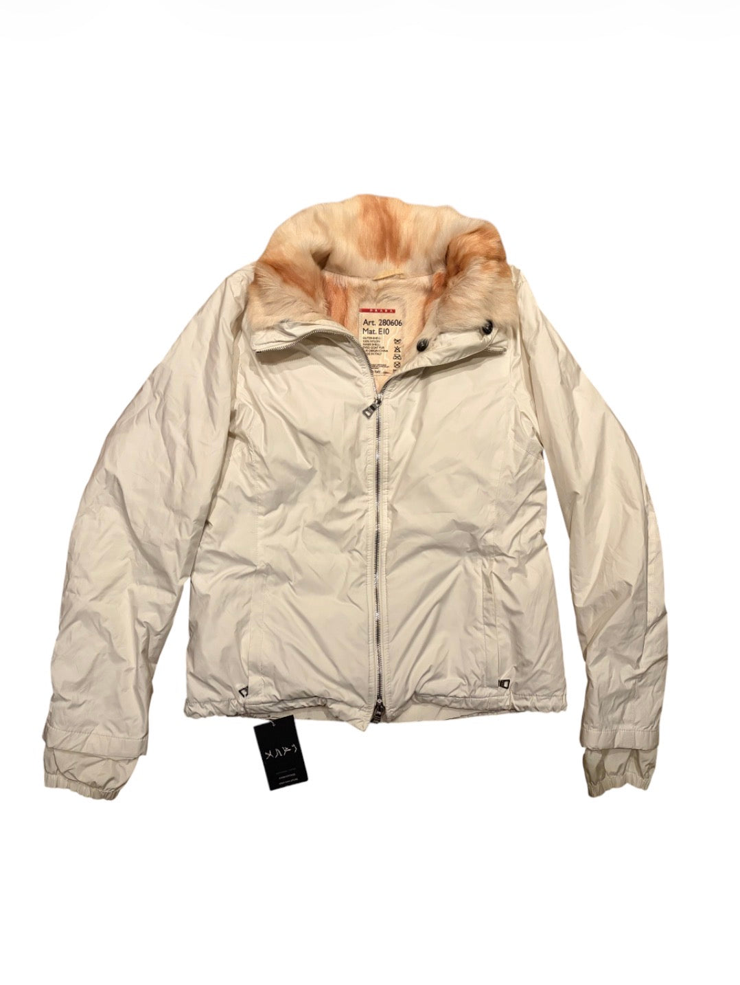 Prada cream nylon jacket with fur-lined collar