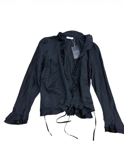 Promod black ruffle wrap blouse brand label